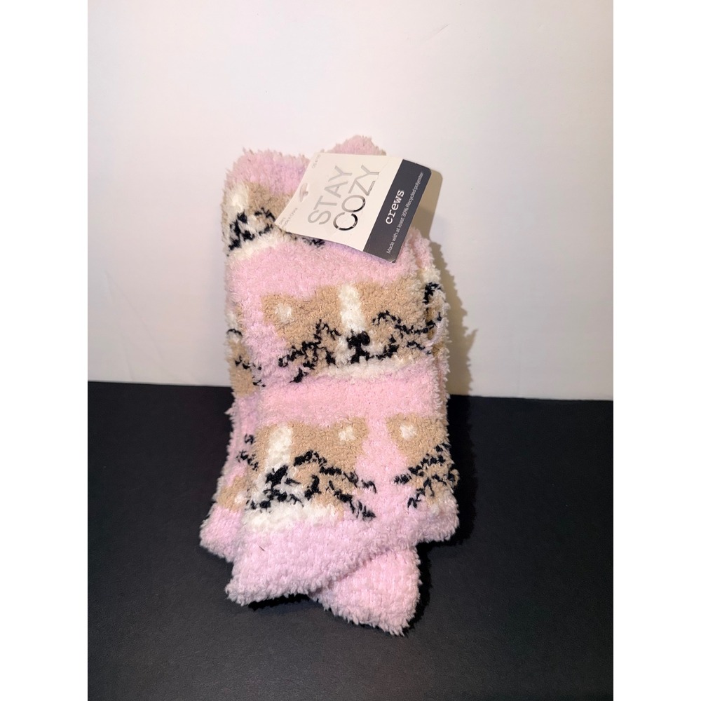 Stay Cozy Women Pink Cat Face Fuzzy Crew Sock 1 Pair Set NEW